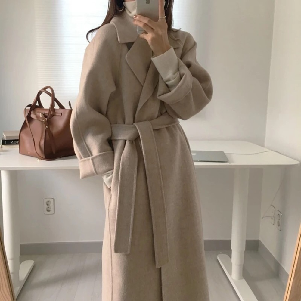 Wool coat long Heather apricot khaki womens winter outerwear - Picture 2 of 8